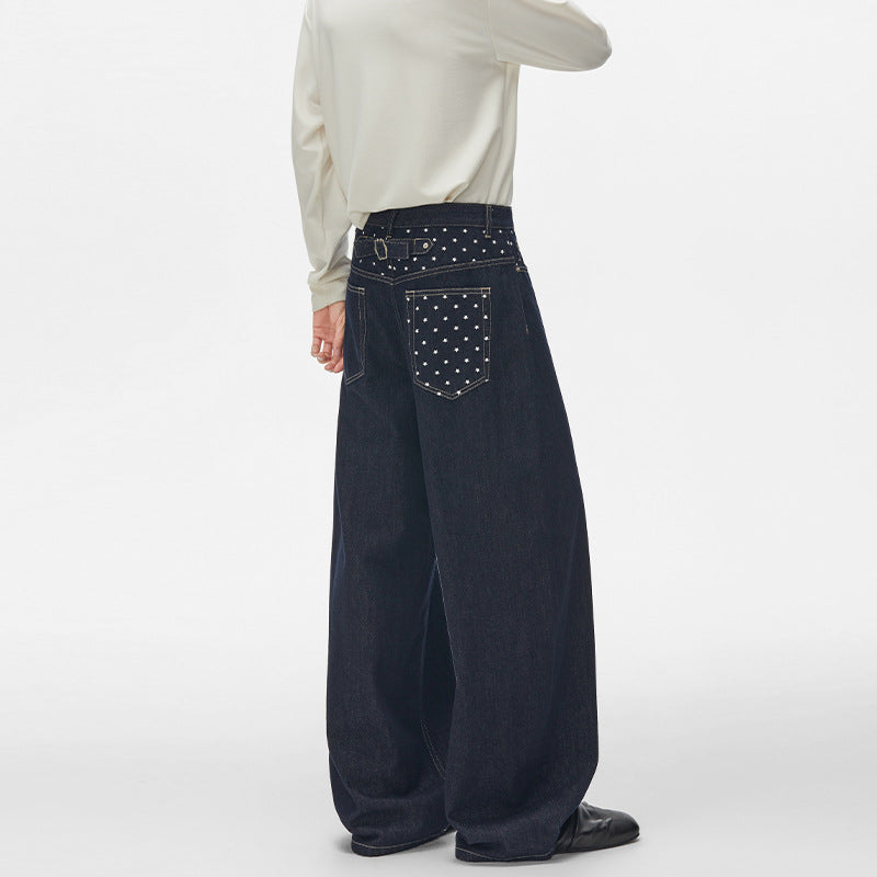 Unisex Ultraweite Palazzodenim-Hose mit Nietenbesetzten Eingrifftaschen und bodenlangem Saum Echo Archiv