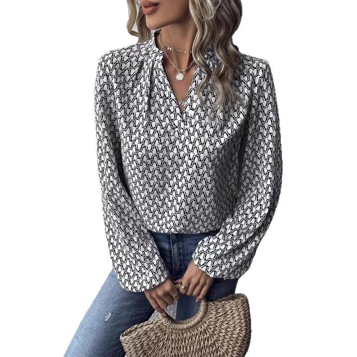 Damen Gemusterte Viskose-Bluse mit Stehkragen und Ballonärmeln – Élovi
