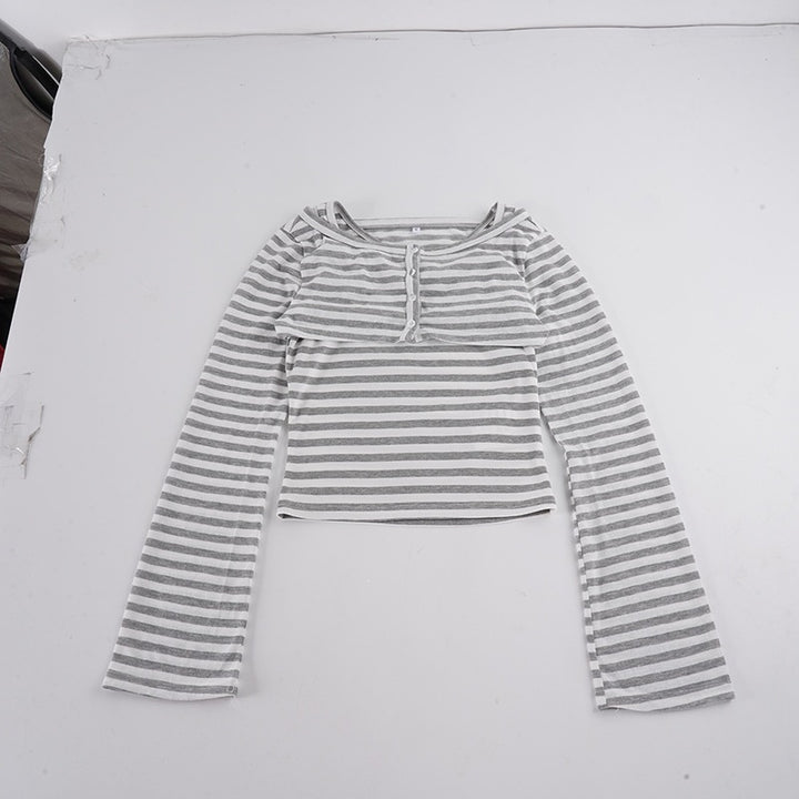Damen Gestreiftes Cropped-Langarmshirt mit Boot-Ausschnitt und Zierschleife Echo Archiv