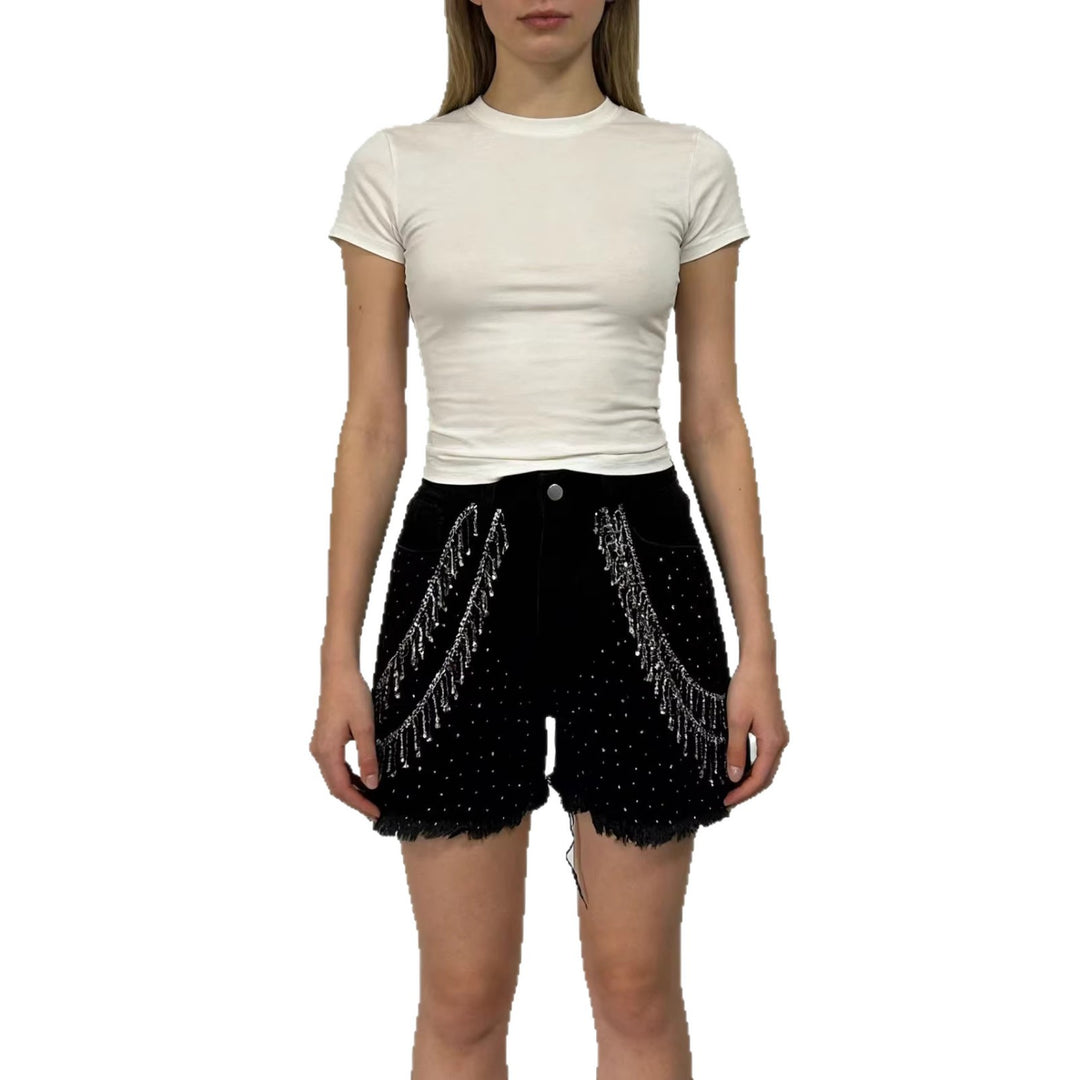 Damen Designer Denim-Shorts mit trendigen Kettenverzierungen Echo Archiv