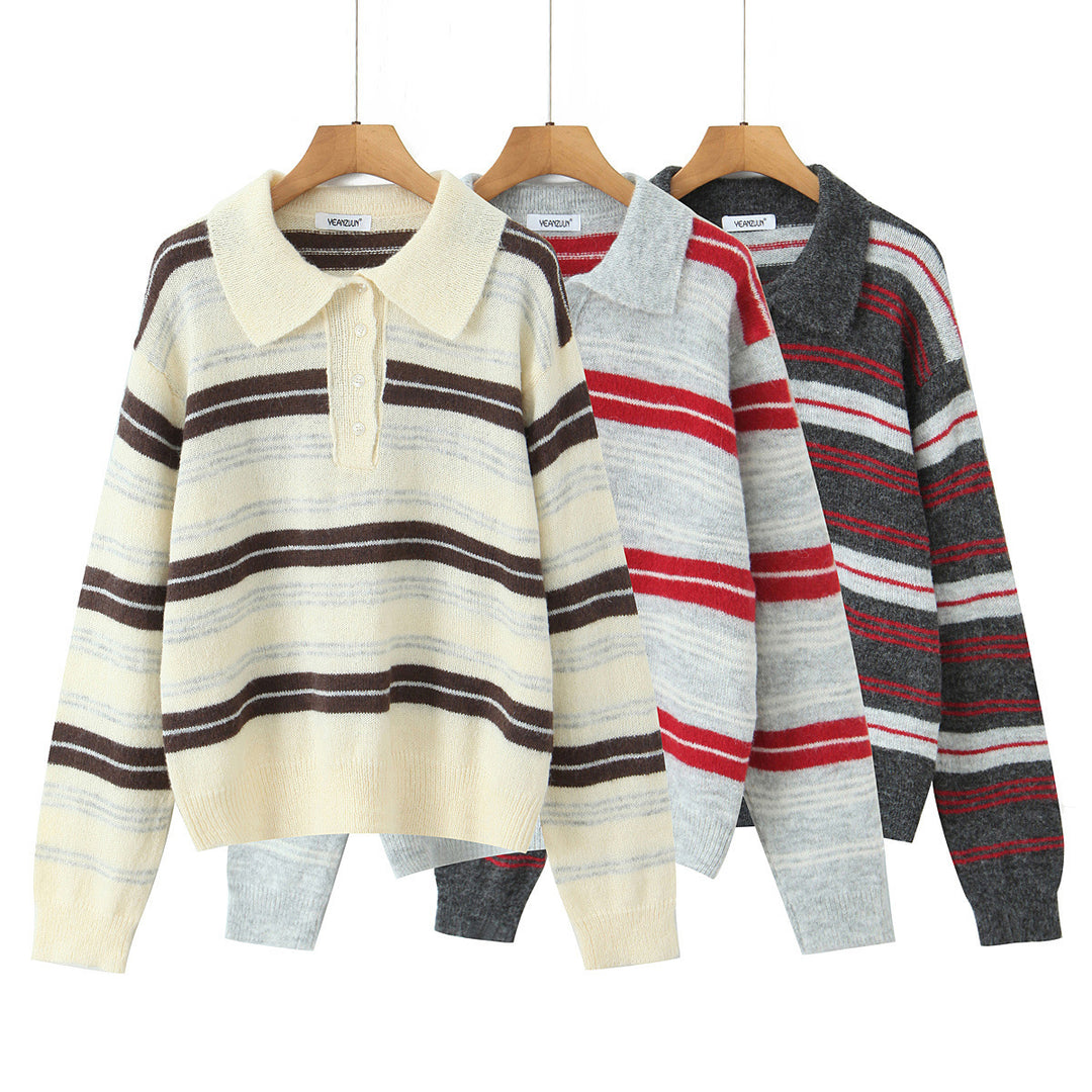 Damen Gestreifter Polokragen-Strickpullover im Oversize-Look Echoarchiv