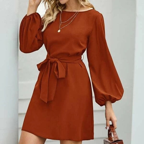 Damen Elegantes Kleid mit Ballonärmeln und Taillengürtel Echo Archiv