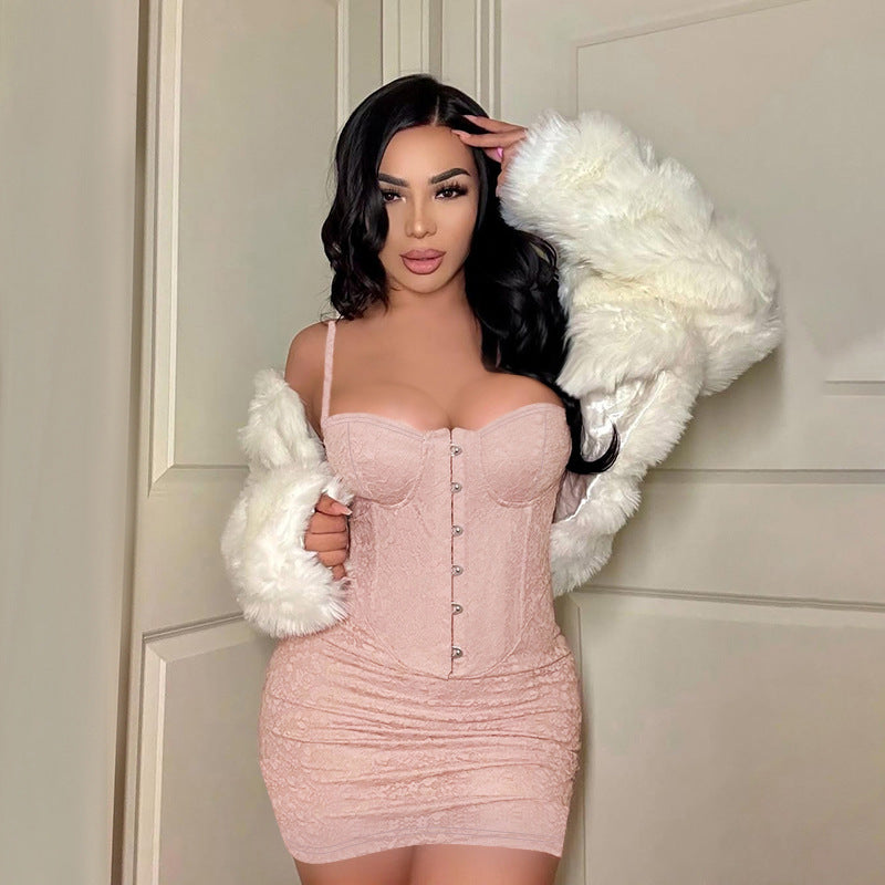 Damen minimalistisches Korsettkleid mit eleganter Knopfleiste und Spitzenakzenten Echo Archiv