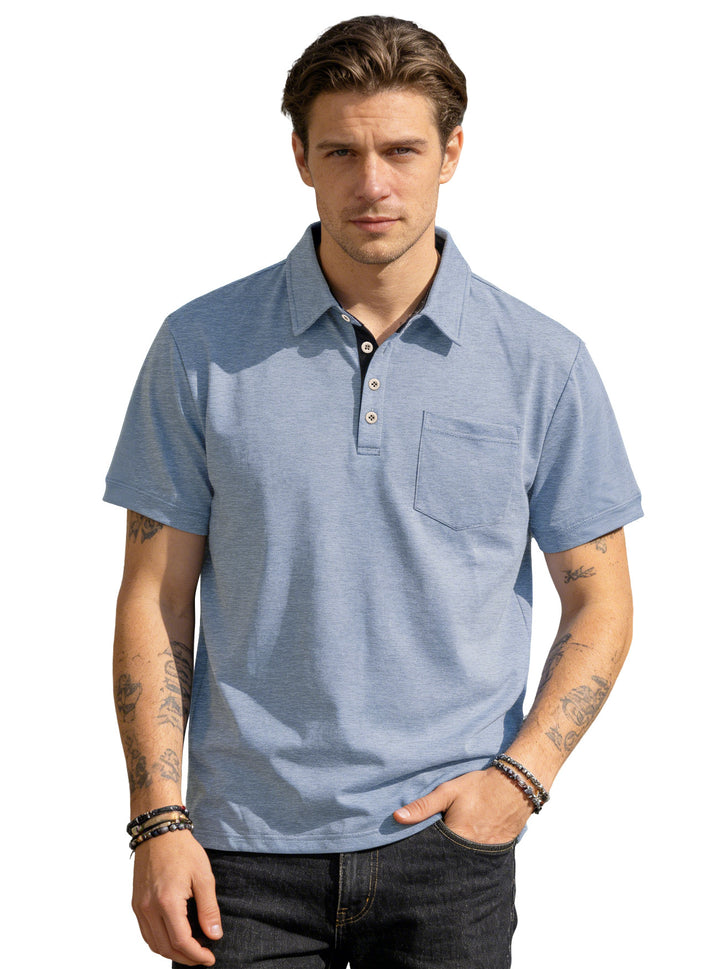 Herren nan Kurzarm-Polokragen-Shirt aus texturiertem Jersey mit Brusttasche und kontrastierter Knopfleiste Echo Archiv