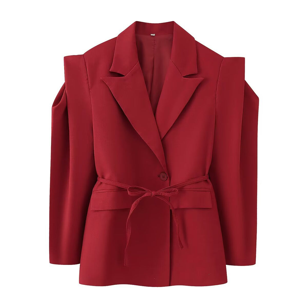 Damen Blazer mit Cut-Out‑Schultern, Taillengürtel und Pattentaschen Echoarchiv