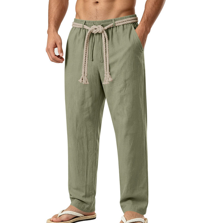 Herren lässige Leinen-Loungehose mit elastischem Bund, dekorativem Seilgürtel und Seitentaschen Echoarchiv