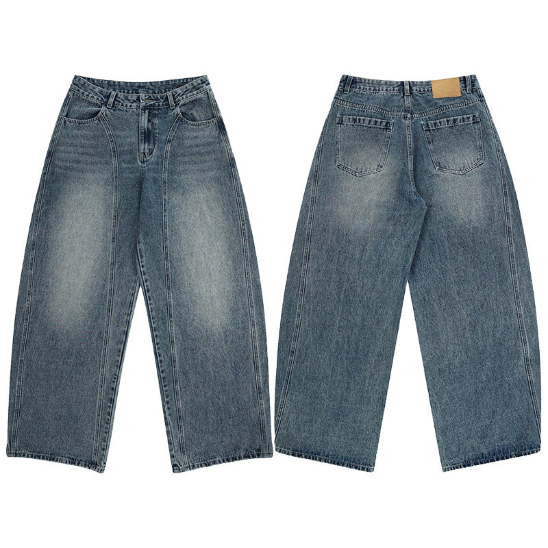Damen Ultraweite hochgeschnittene Jeans-Palazzohose aus Vintage-Jeansstoff mit tiefem Schritt und skulpturaler Nahtführung Echo Archiv