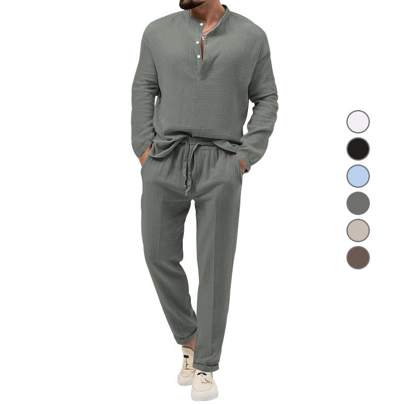 Herren Lässiges Zweiteiliges Lounge-Set aus Baumwoll-Gauze mit Henley-Oberteil und Tunnelzug-Hose Echoarchiv