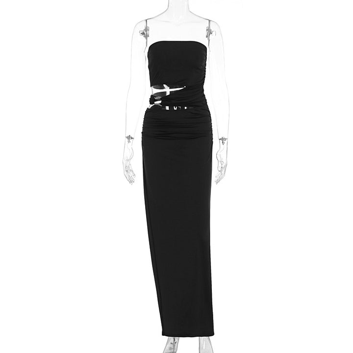 Damen elegantes Bodenkleid mit gerafftem Design und verstellbarem Gürtel Echo Archiv