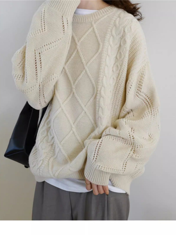 Damen Oversize Zopfmuster-Strickpullover mit Ajour‑Details und geripptem Saum Echoarchiv