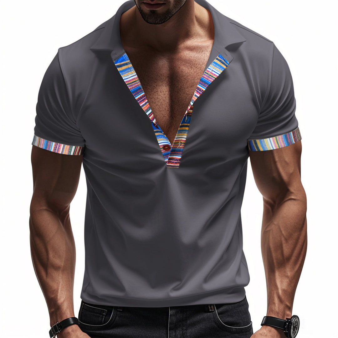 Herren Poloshirt mit modernem V-Ausschnitt und buntem Muster Echoarchiv