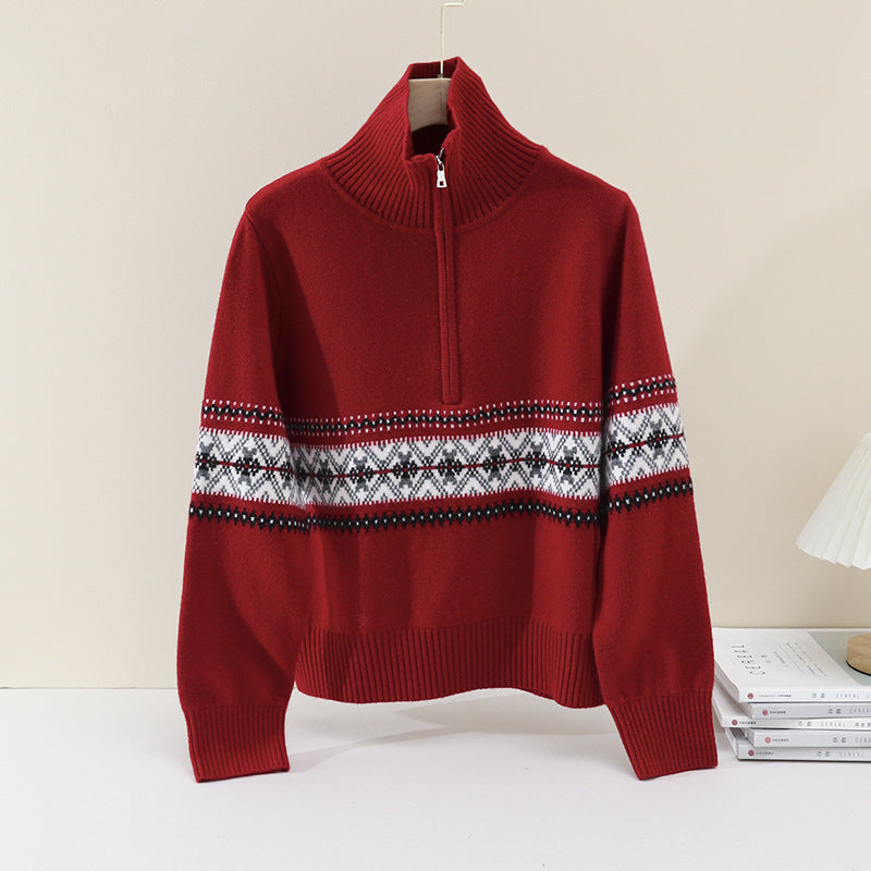 Damen Wärmender Norweger-Strickpullover mit halbem Reißverschluss und hohem Stehkragen Echo Archiv