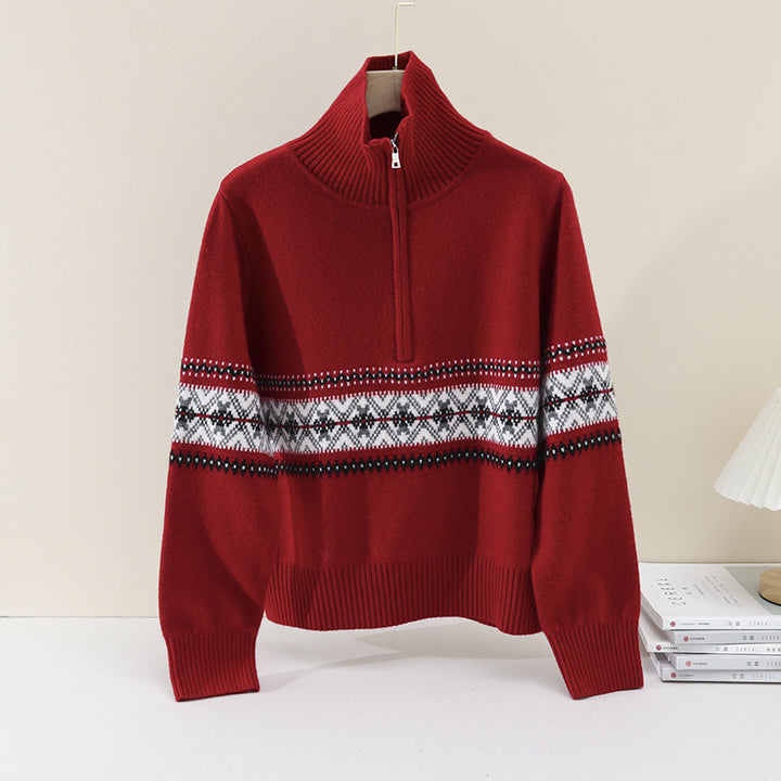 Damen Wärmender Norweger-Strickpullover mit halbem Reißverschluss und hohem Stehkragen Echo Archiv