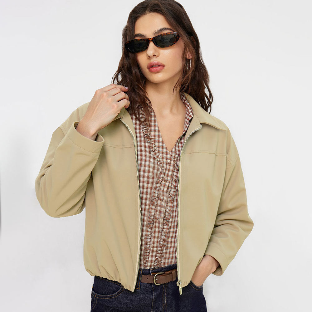 Damen kurze Oversize-Bomberjacke mit Reißverschluss, leichtem Kragen und elastischem Saum – Avenza