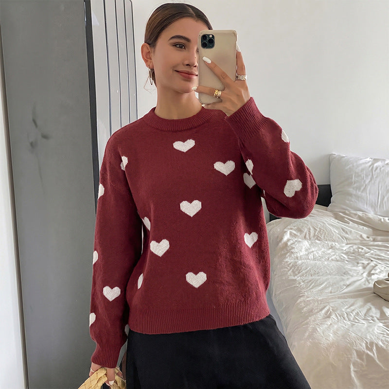 Damen Grobstrick-Pullover mit Herzintarsien und klassischem Rundhalsausschnitt – Mavelle