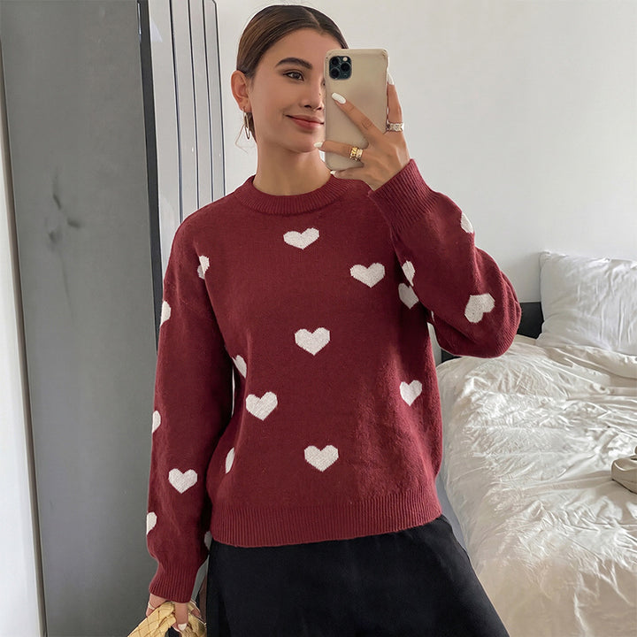 Damen Grobstrick-Pullover mit Herzintarsien und klassischem Rundhalsausschnitt – Mavelle