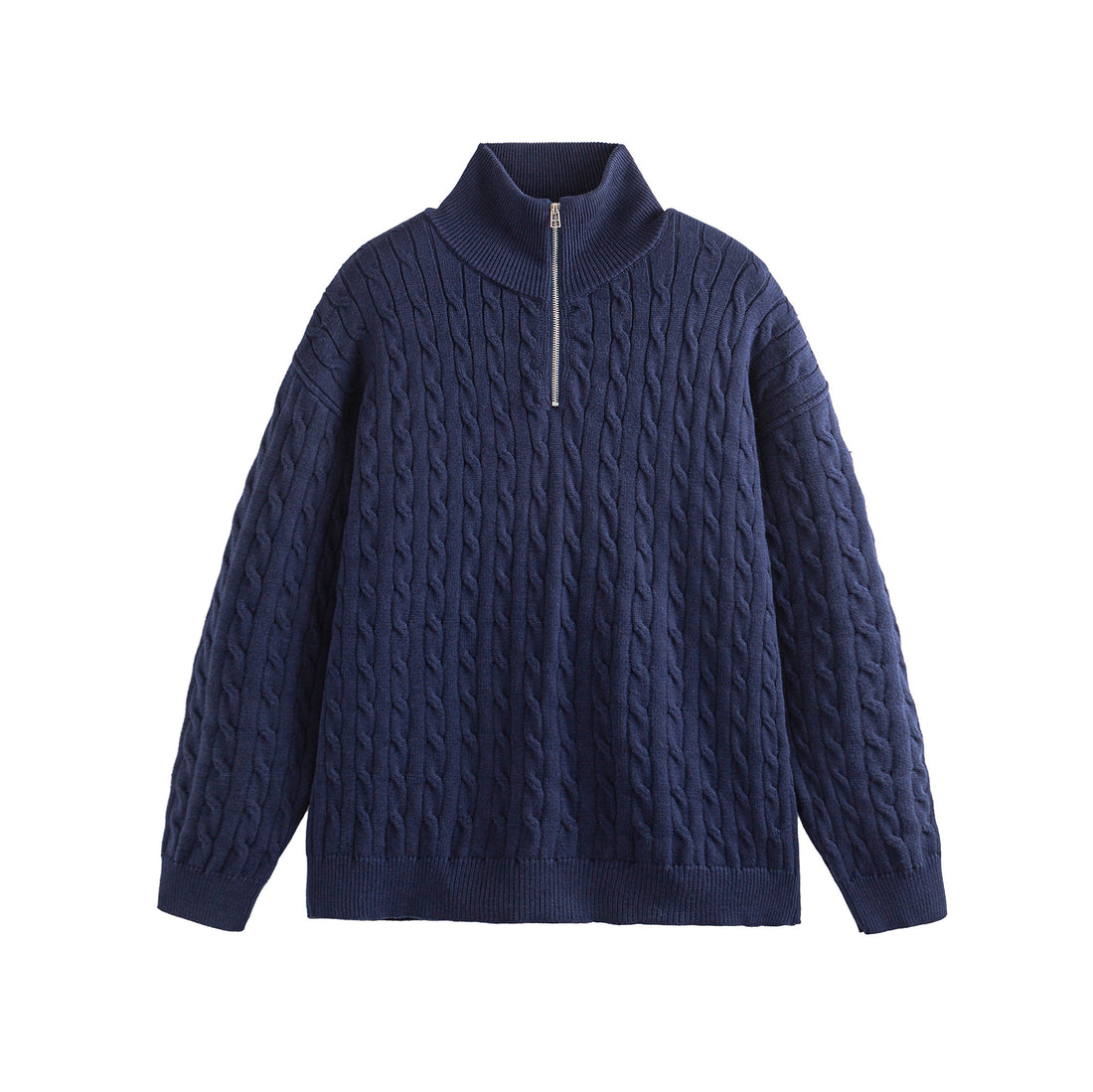 Unisex Grobgestrickter Zopfmuster-Pullover mit Halbzip und hohem Rippkragen Echoarchiv