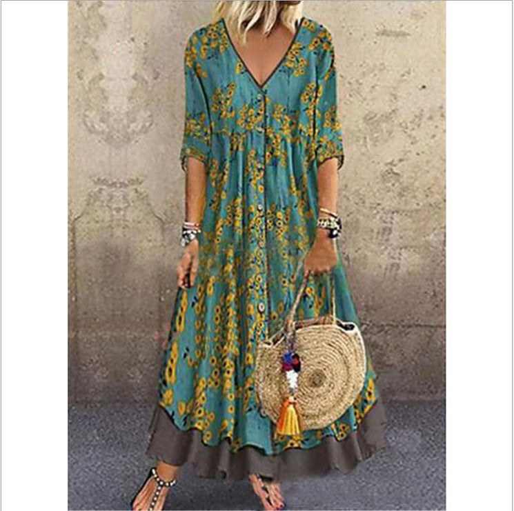 Damen Maxikleid im Boho‑Stil mit V‑Ausschnitt, durchgehender Knopfleiste und Stufenrock – Valéora