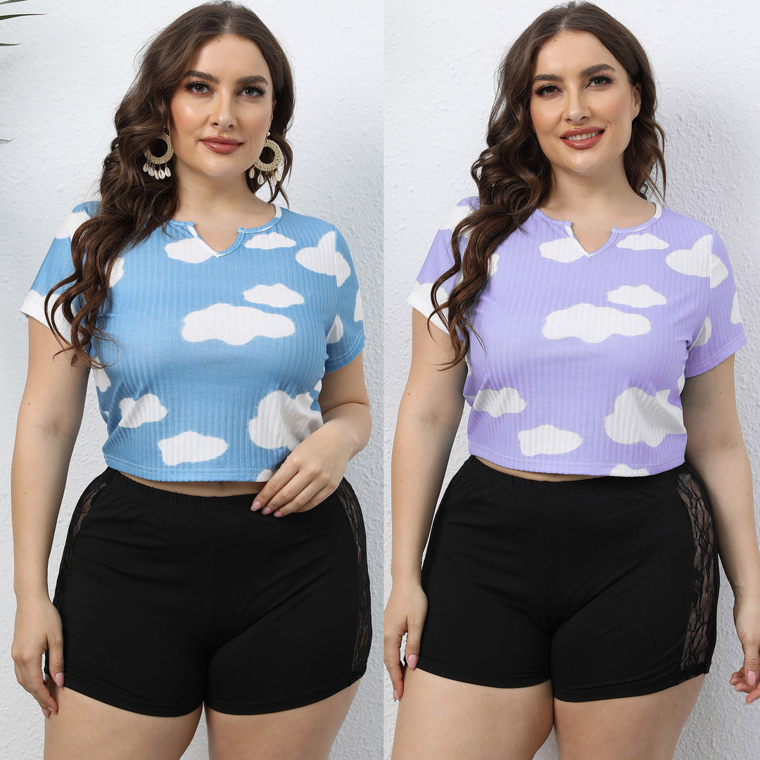 Damen cropped T-Shirt mit Wolkenmuster und elastischem Bund Echo Archiv