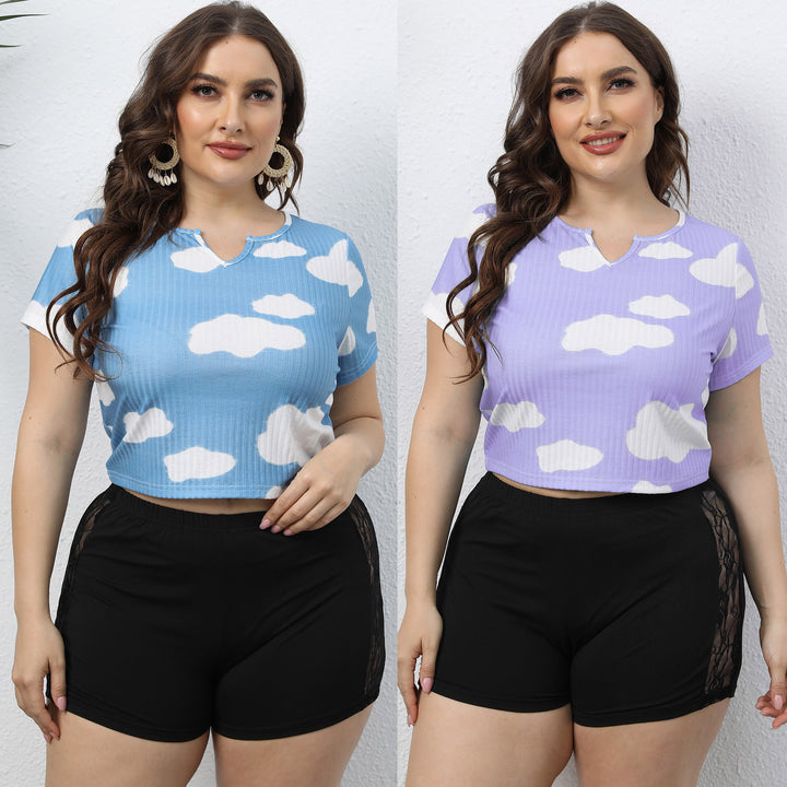 Damen cropped T-Shirt mit Wolkenmuster und elastischem Bund Echo Archiv