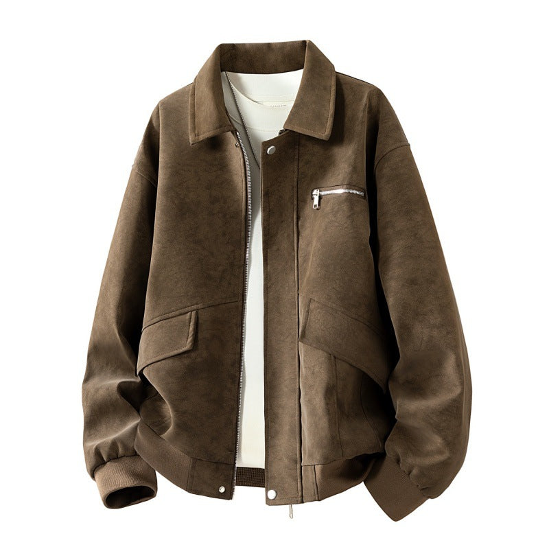 Herren Boxy-Blousonjacke im Veloursleder‑Look mit Brustreißverschluss, Pattentaschen & geripptem Saum Echoarchiv