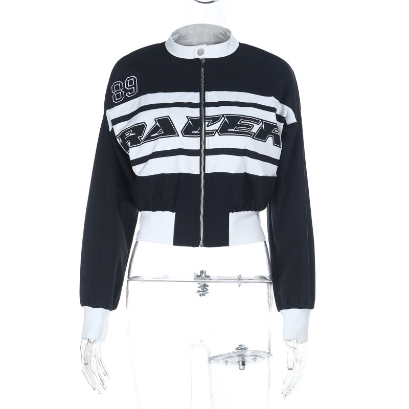 Damen Kurzgeschnittene Racer-Trainingsjacke mit Reißverschluss, sportlichem Print und elastischem Bund – Avérine