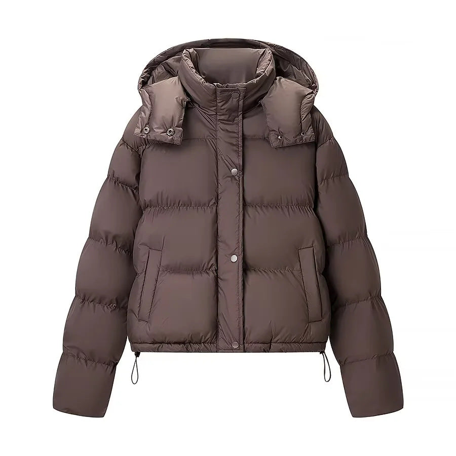 Damen kurzer gesteppter Pufferjacke mit abnehmbarer Kapuze und Tunnelzugsaum – Célinea