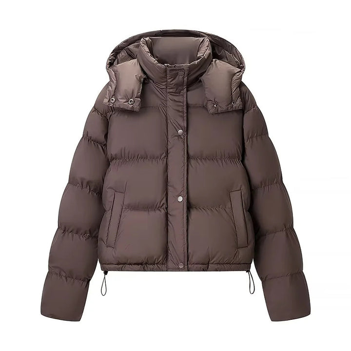 Damen kurzer gesteppter Pufferjacke mit abnehmbarer Kapuze und Tunnelzugsaum – Célinea