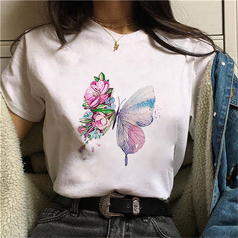 Damen V-Ausschnitt T-Shirt mit floralem Schmetterlingsdruck Echo Archiv