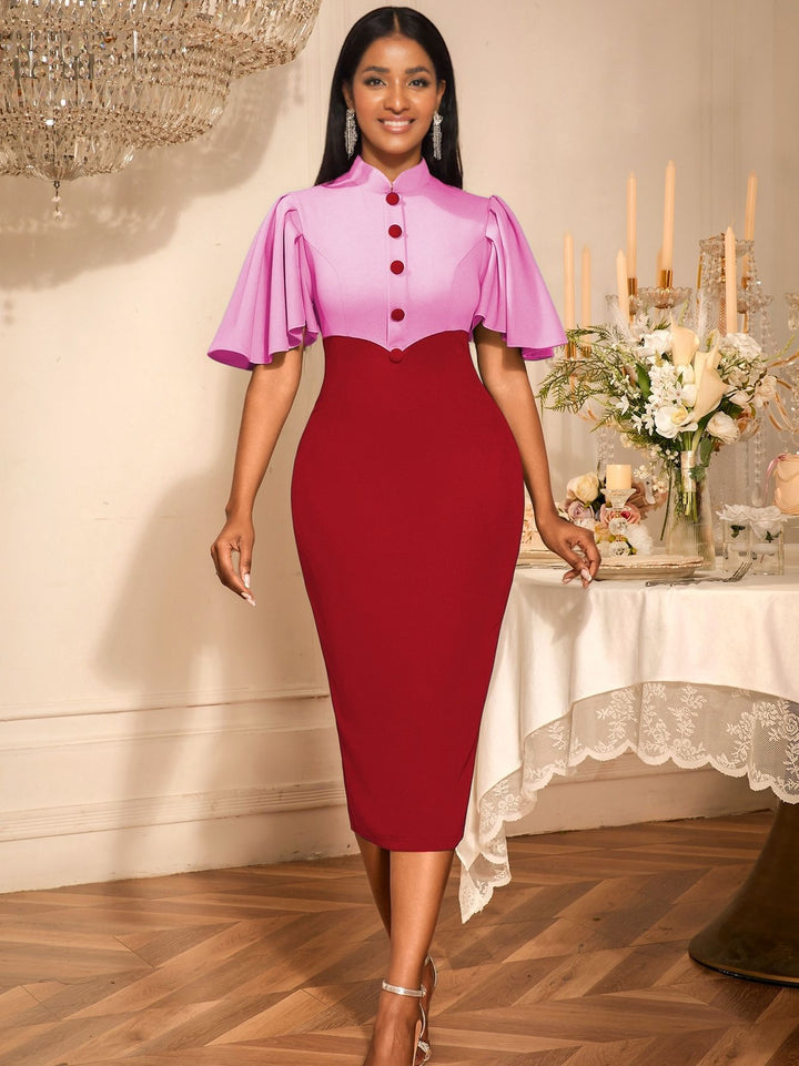 Damen figurbetontes Kleid mit eleganter Stehkragen und kunstvollen Puffärmeln Echo Archiv