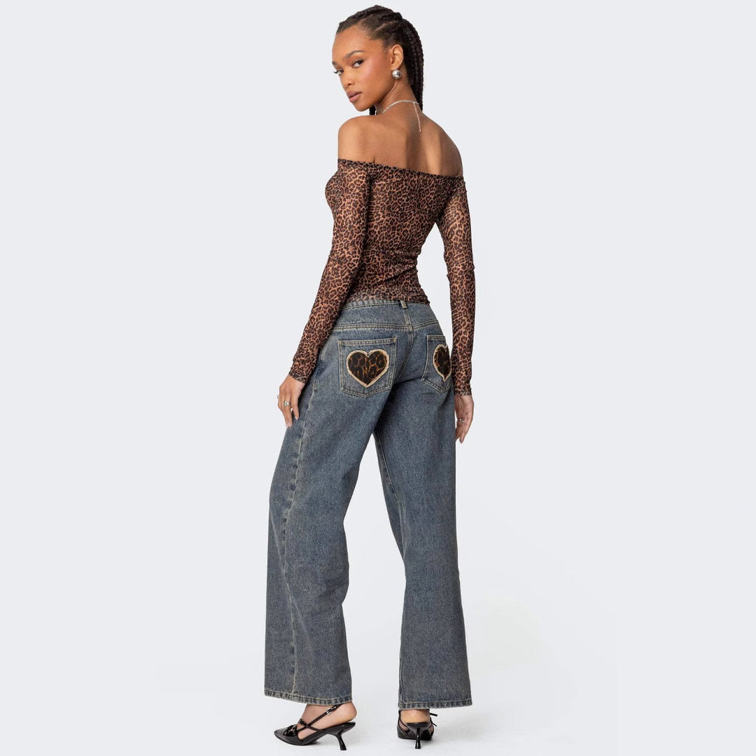 Damen Off-Shoulder Langarmshirt mit Leopardenmuster Echo Archiv