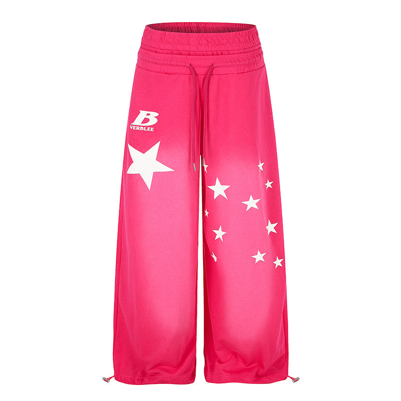 Damen Weite High‑Waist Palazzo-Loungehose aus Stretch-Jersey mit Elastikbund, Tunnelzug, verstellbaren Saumkordeln und Sternen-Print Echoarchiv