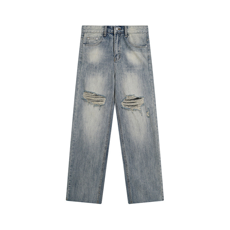 Damen Weite Destroyed-Jeans mit hoher Taille, geradem Bein und Knie-Rips Echoarchiv