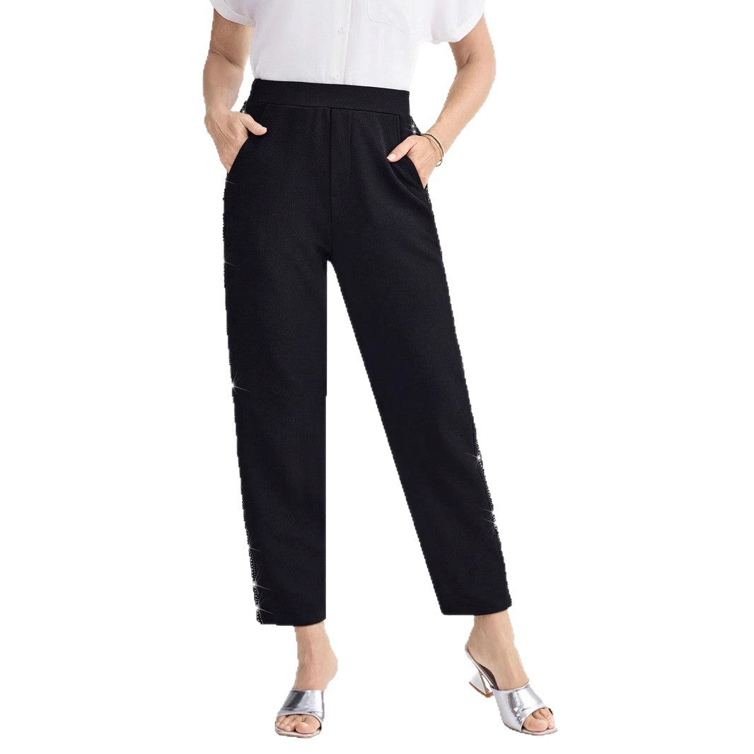 Damen Elegante gerade geschnittene Stoffhose mit elastischem Bund und seitlichem Glitzerbesatz – Avérine