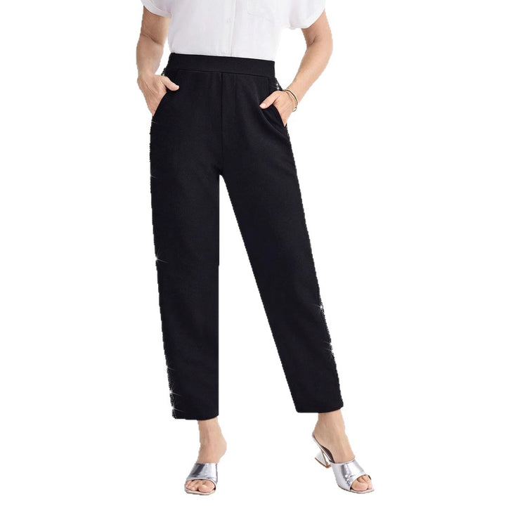 Damen Elegante gerade geschnittene Stoffhose mit elastischem Bund und seitlichem Glitzerbesatz – Avérine