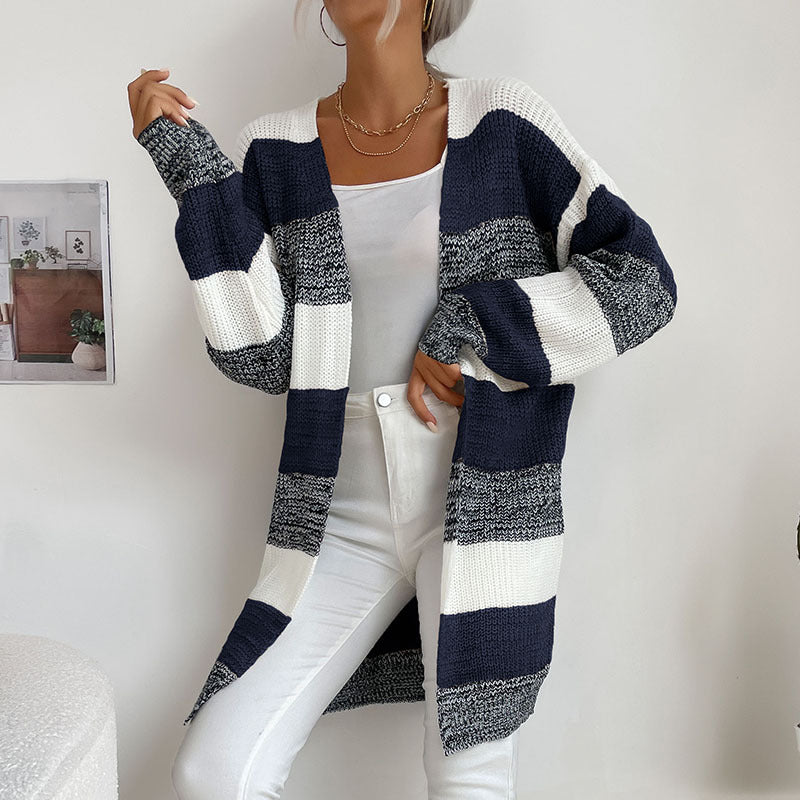 Damen Langer Oversize-Strickcardigan mit Blockstreifen und offener Front – Veloura
