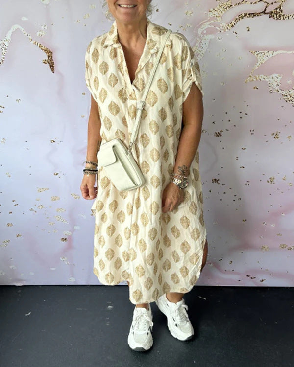 Damen nan legeres Kaftan-Midikleid mit Hemdkragen V-Ausschnitt kurzem Fledermausärmel und seitlichen Eingrifftaschen Echo Archiv