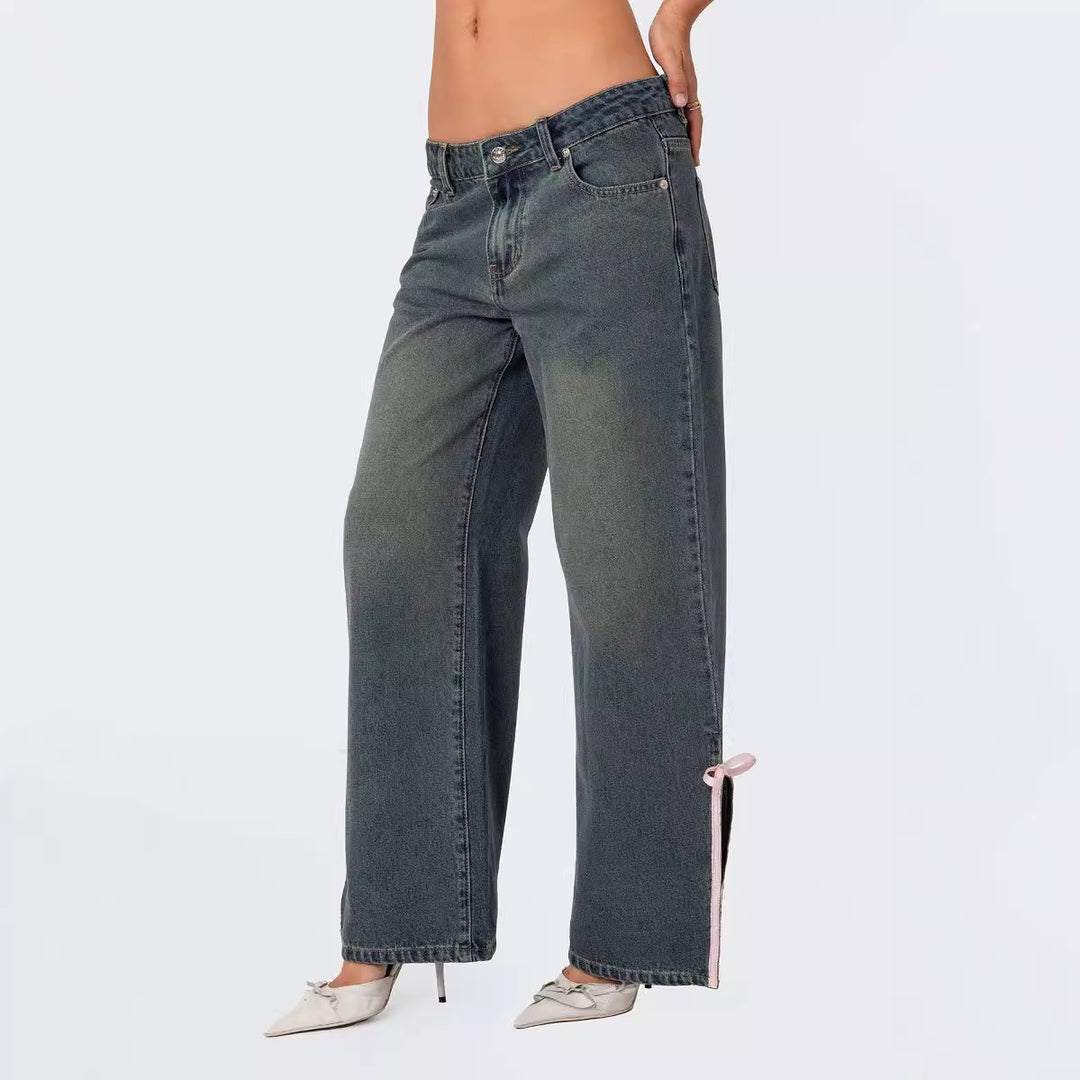 Damen Hohe Taillen Denim-Hose mit modischen Schleifendetails Echo Archiv
