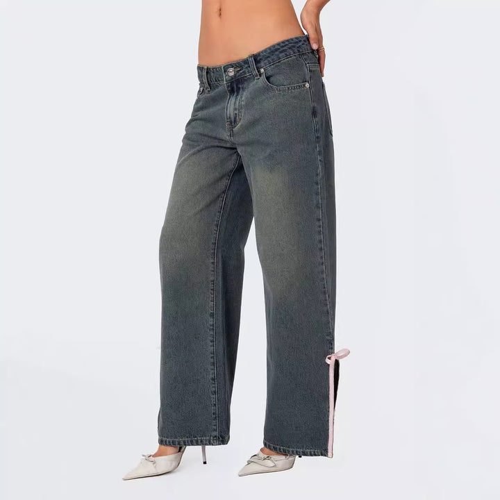 Damen Hohe Taillen Denim-Hose mit modischen Schleifendetails Echo Archiv