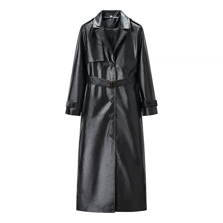 Damen Langer Kunstleder-Trenchcoat mit Taillengürtel und Epauletten Echo Archiv