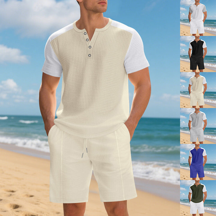 Herren lässiges Sommer Outfit mit Knopfleiste und kontrastierenden Ärmeln Echoarchiv