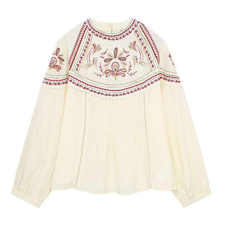 Damen Bestickte Boho-Bluse mit Rundhals, Kellerfalten und Spitzen‑Yoke Echoarchiv
