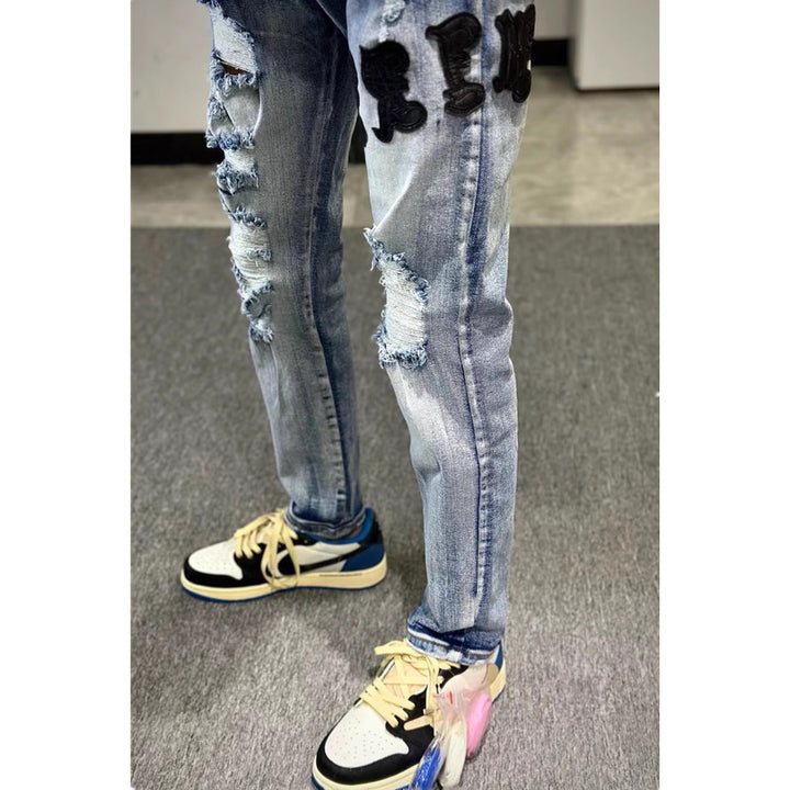 Herren Modische Ripped Denim Jeans mit kreativem Schnitt Echoarchiv