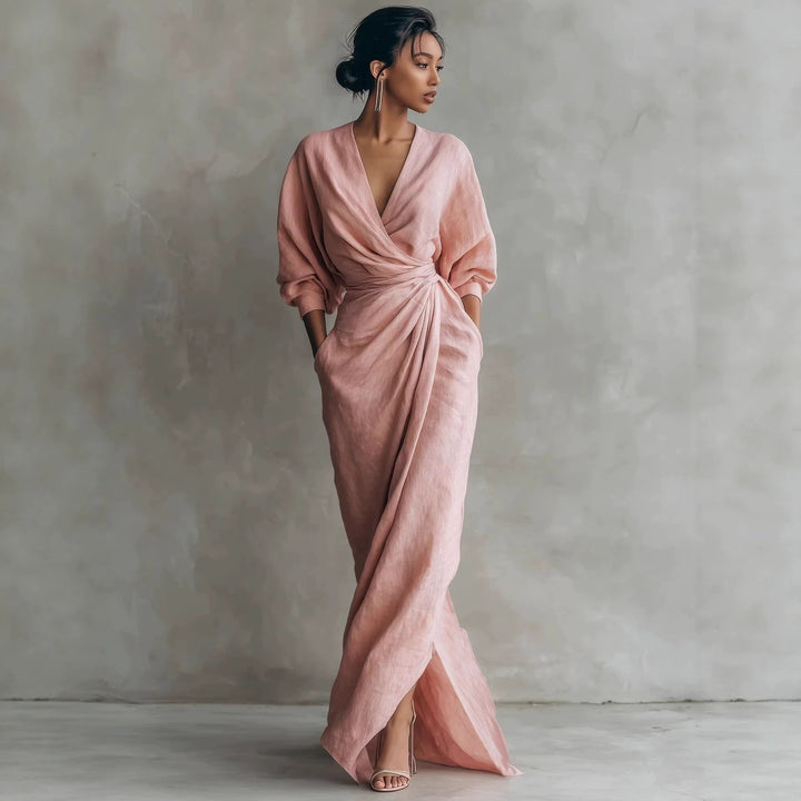 Damen Wickel-Maxikleid aus Leinenmix mit tiefem V-Ausschnitt und Ballonärmeln Echoarchiv