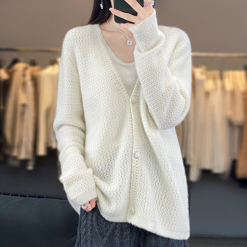 Damen Offener Ajour-Strickcardigan mit dezentem Flauschfinish und kastiger Oversize-Silhouette Echoarchiv