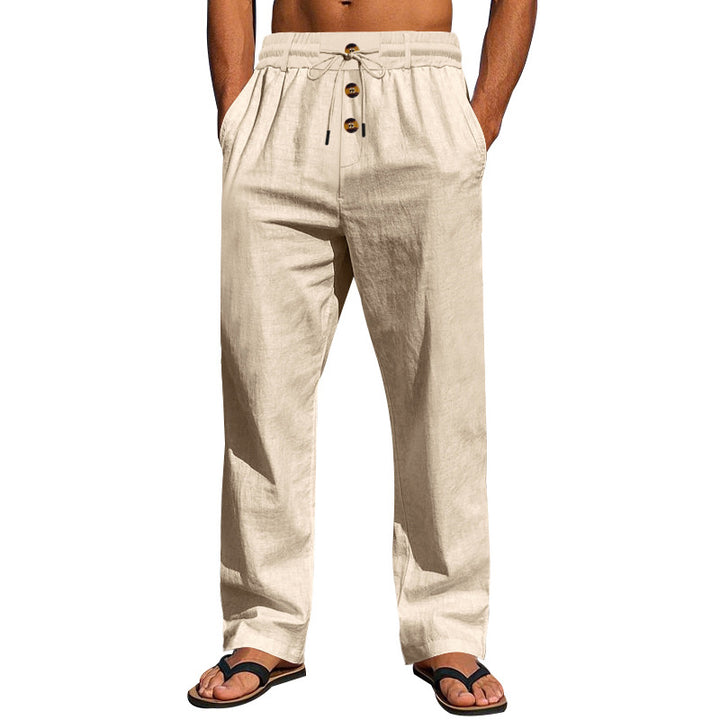 Herren Bequeme Leinenhose mit elastischem Bund und Knopfdetails Echoarchiv