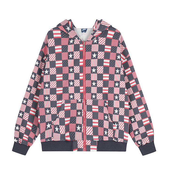 Damen Zip-Kapuzenjacke mit Allover-Patchwork-Sternen- und Streifenmuster Echoarchiv