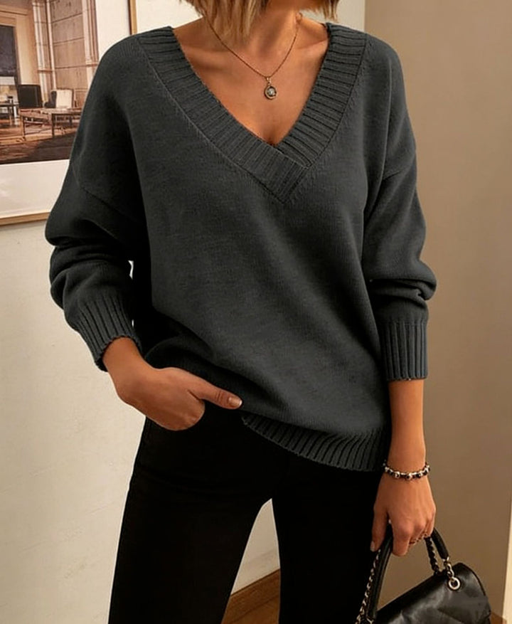 Damen Feinstrickpullover mit tiefem V-Ausschnitt und überschnittener Schulter – Mavelle