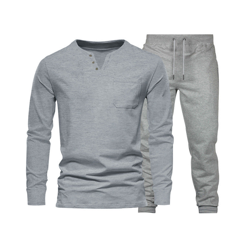 Herren Langarm‑Henley Loungewear‑Set mit Brusttasche und tapered Jogginghose – Marzano