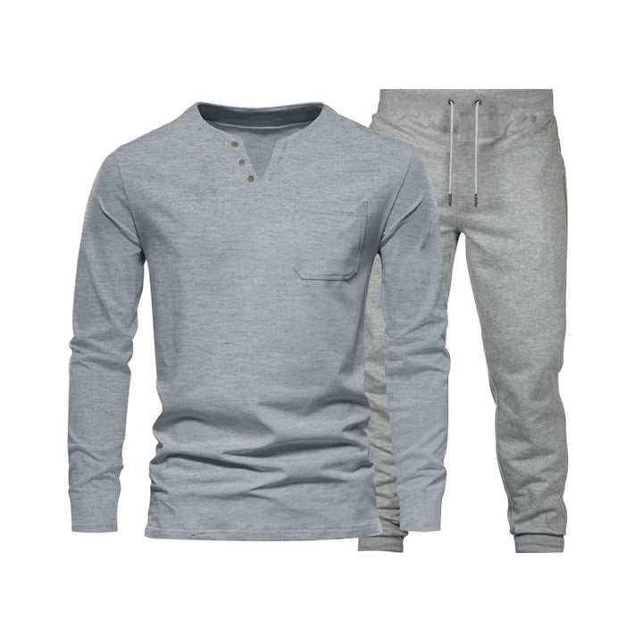 Herren Langarm‑Henley Loungewear‑Set mit Brusttasche und tapered Jogginghose – Marzano